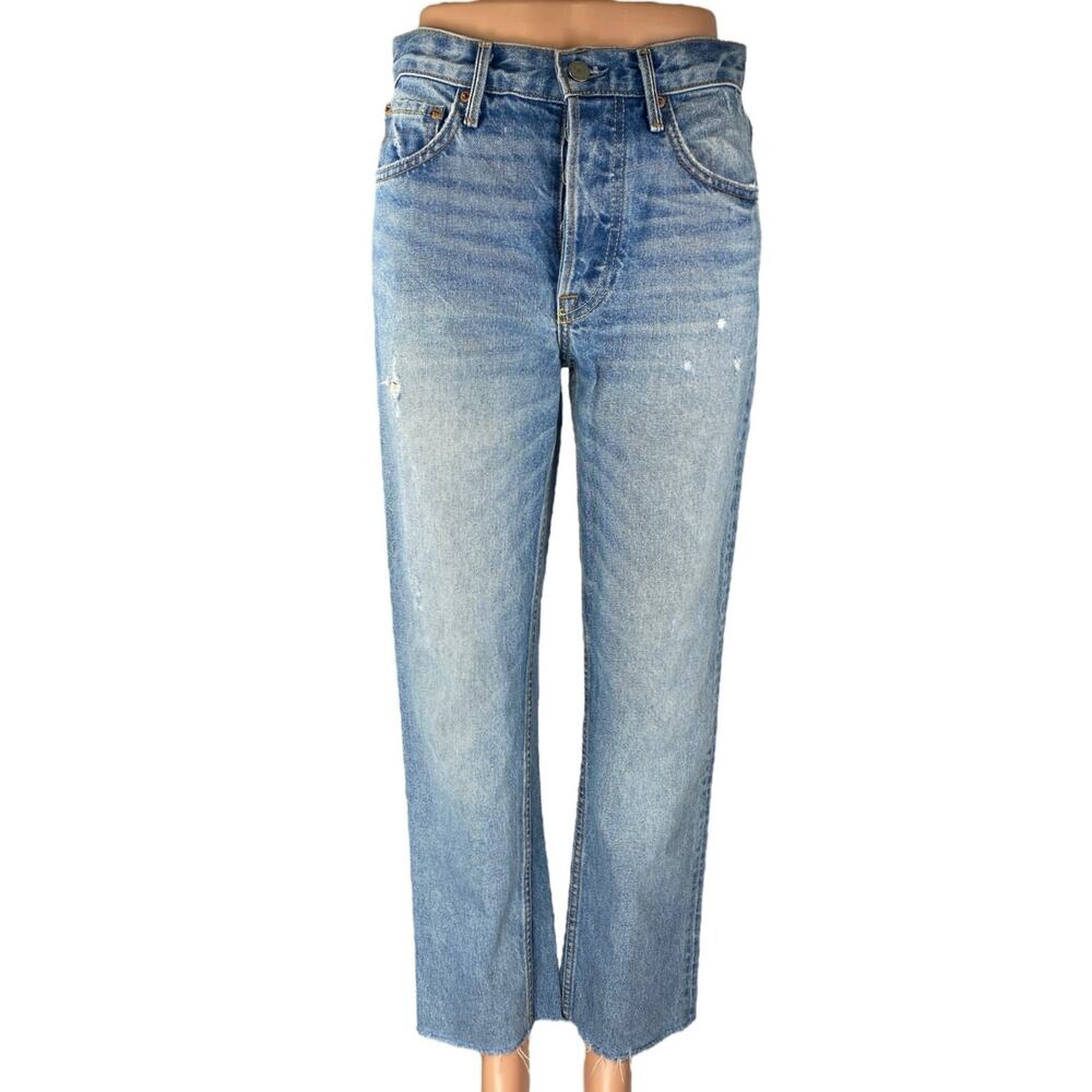 GRLFRND Women's Blue High Waisted Straight Leg Distressed Denim Jeans Size 24